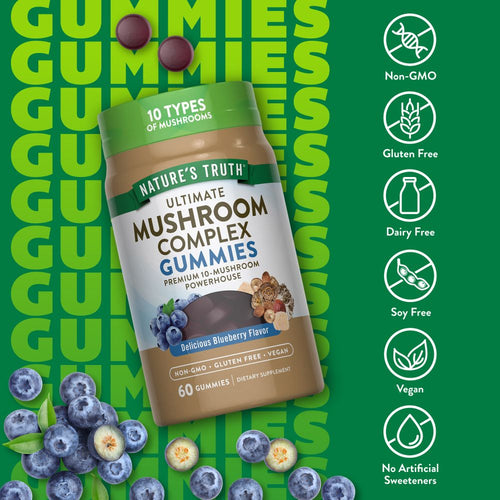 A hand holds a bottle of blueberry flavored mushroom complex gummies containing 60 gummies.