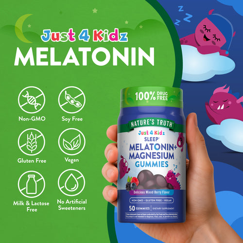 Kids Melatonin+Magnesium Gummies bottle with icons indicating Non-GMO, Soy Free, Gluten Free, Vegan, Lactose Free, No Artificial Sweeteners.