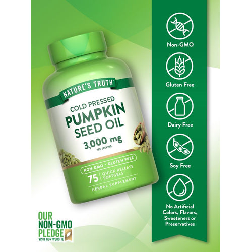 75 quick-release softgels with 3000 mg of pumpkin seed oil, displayed on a hand scale for size reference.