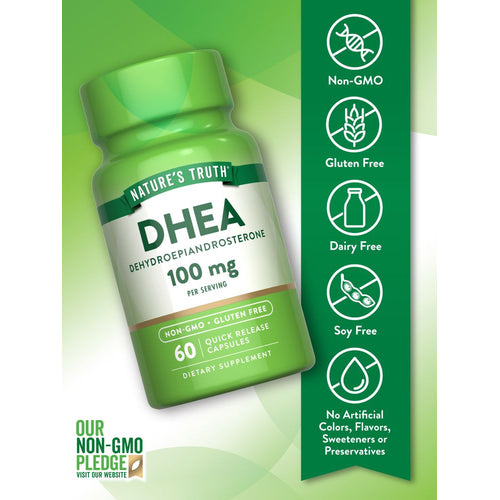 DHEA Dehydroepiandrosterone capsules, 100 mg, quick release, 60 count bottle shown on a hand for size reference.