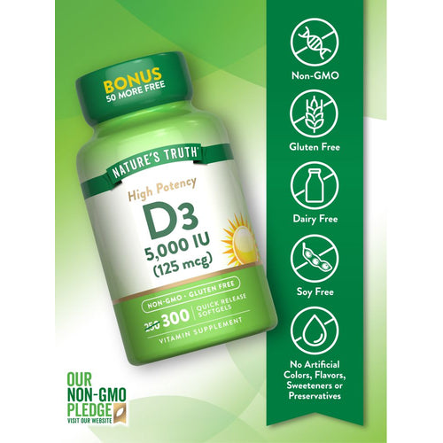 Nature's Truth High Potency D3 5,000 IU (125 mcg) 300 Quick Release Softgels, with 50 more free included.