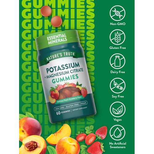 NT Potassium & Magnesium Citrate 60 Gummies bottle, with individual peach strawberry flavored gummies, peaches, and strawberries.