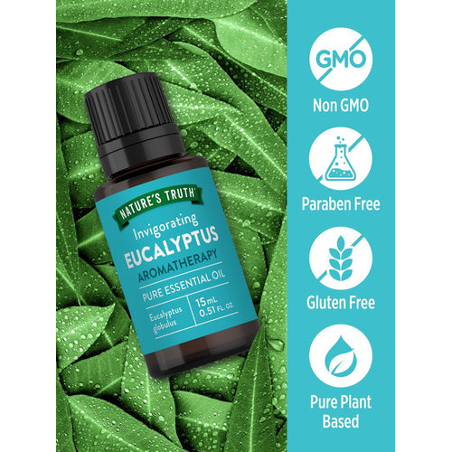 A 15 mL (0.51 FL. OZ.) bottle of NT Eucalyptus Oil shown on a hand scale for bulk measurement purposes.