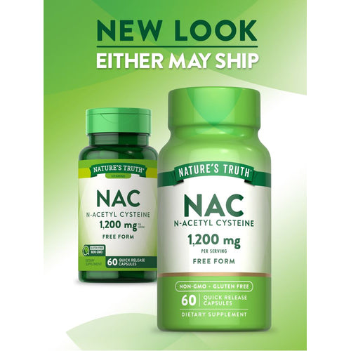 Two bottles of NAC N-Acetyl Cysteine 1,200 mg Quick Release Capsules, 60 count. New look packaging, either version may ship.