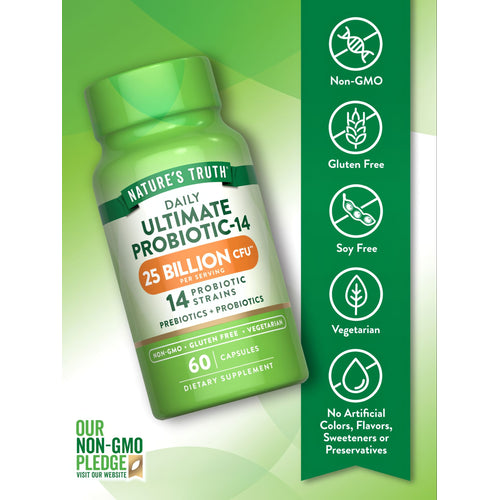 Probiotic supplement with 25 billion CFU, 14 strains, and 60 vegetarian capsules, shown on a hand scale for size reference.