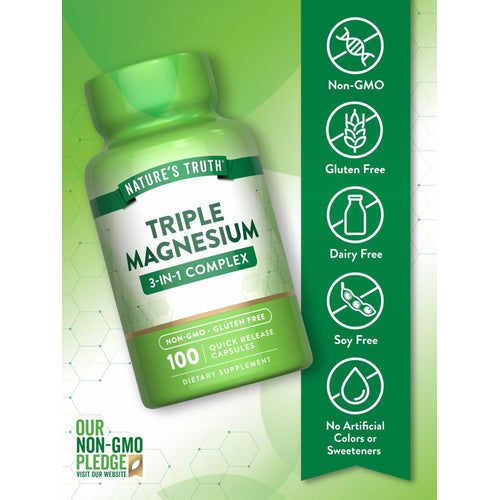 Triple Magnesium Complex bottle: Non-GMO, gluten-free, dairy-free, soy-free, with no artificial colors or sweeteners.