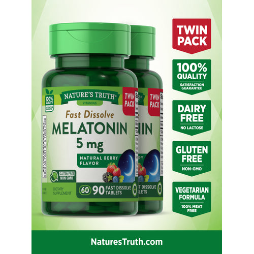 Melatonin Twin Pack bottle with icons indicating it is 100% quality, dairy/lactose free, gluten free, non-GMO, vegetarian.