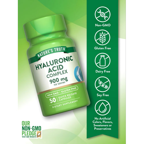 View 3 Hyaluronic Acid bottle: Non-GMO, Gluten Free, Dairy Free, Soy Free, No Artificial Colors, Flavors, Sweeteners, Preservatives.