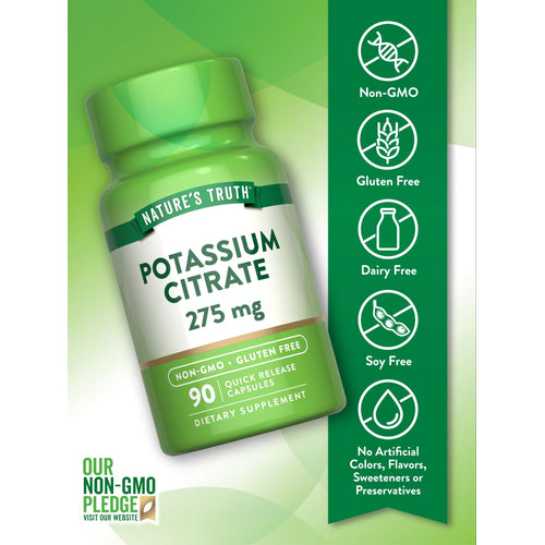 View 3 Potassium Citrate bottle labeled as Non-GMO, Gluten Free, Dairy Free, Soy Free, and without artificial colors, flavors, or preservatives.