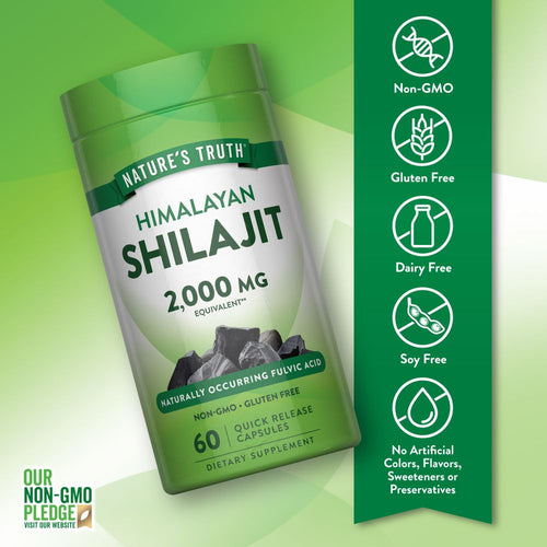 Hand holding a bottle of Himalayan Shilajit 2,000 mg, 60 quick-release capsules.