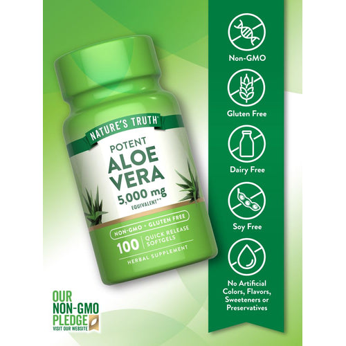 Aloe Vera 5,000 mg equivalent, 100 quick release softgels with hand for scale.
