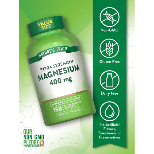 Bottle of Magnesium 400 mg with 150 Quick Release Softgels.