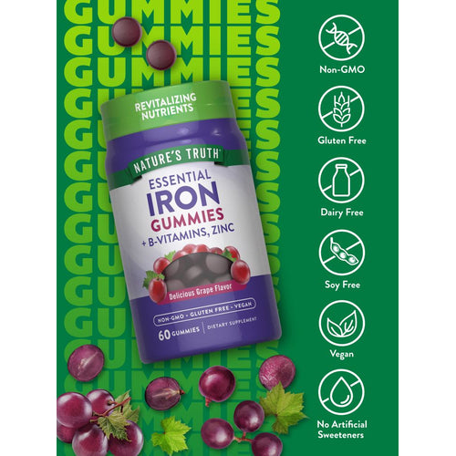 A bulk scale with dark purple, round 18 mg iron gummies.