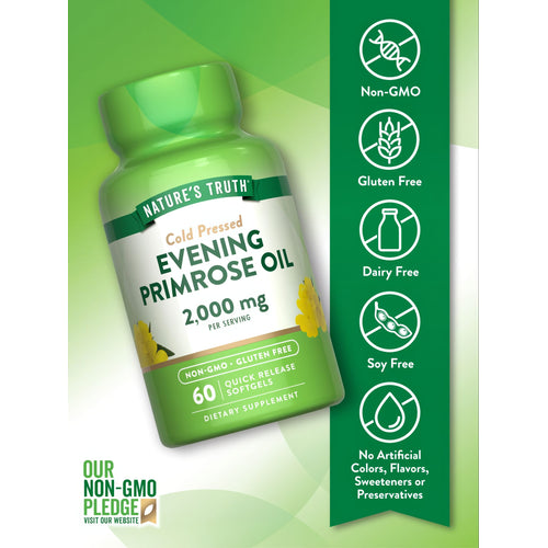 Evening Primrose Oil, 2,000 mg per serving, features quick release softgels in a 60-count package for convenient daily use.