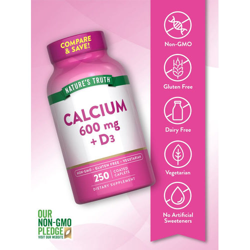 A bottle of Nature's Truth Calcium 600 mg with Vitamin D3, containing 250 coated caplets, placed on a hand scale.