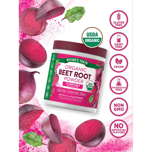 Organic beet roots and powder with a Nature's Truth Organic Beet Root Powder 6.1 oz jar displayed.