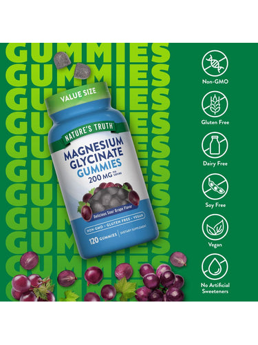 Gummies de Glycinate de Magnésium pour Adultes de Nature's Truth | 200mg | 120 unités | Saveur de Raisin | Supplément Végane, Non-OGM & Sans Gluten