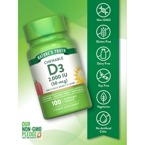 Hand holding bottle labeled D3 2000 IU (50 mcg) 100 chewable tablets.