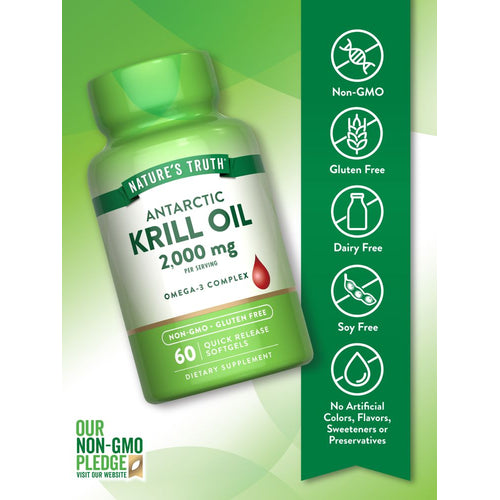 Krill Oil bottle that is Non-GMO, Gluten Free, Dairy Free, Soy Free, with no artificial colors, flavors, sweeteners, or preservatives.