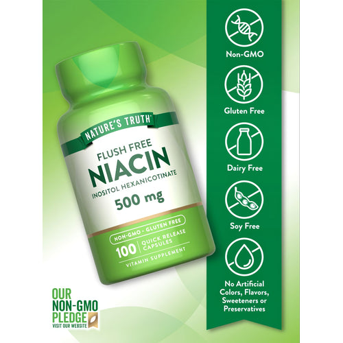 Hand holding a bottle of Flush Free Niacin 500 mg Quick Release Capsules, 100 count, displayed on a scale.