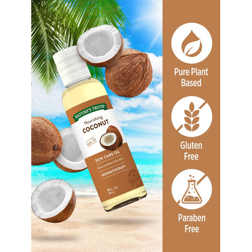 Coconut Oil bottle labeled as pure, plant based, gluten free, and paraben free.