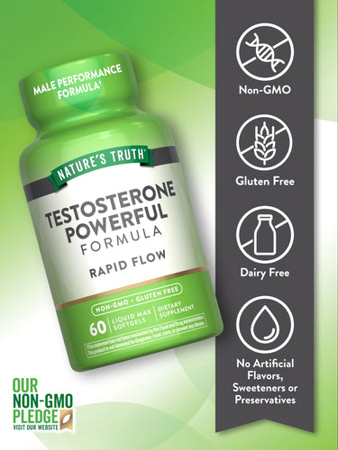 Testosterone Power bottle: Non-GMO, Gluten Free, Dairy Free, with no artificial flavors, sweeteners, or preservatives.