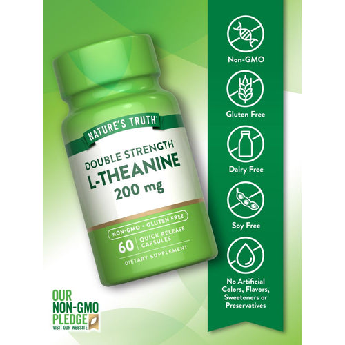 A hand holding a bottle of Double Strength L-Theanine 200 mg Quick Release Capsules, 60 count, emphasizing product size and details.