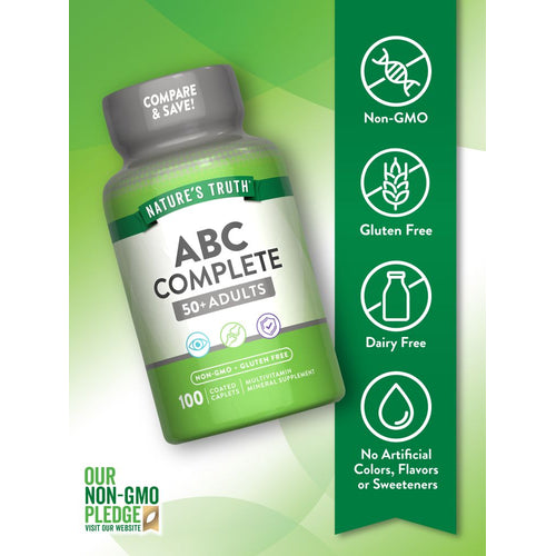 ABC Complete bottle is labeled Non-GMO, Gluten Free, Dairy Free, with no artificial colors, flavors, or sweeteners.