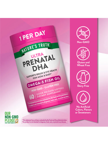 Prenatal DHA bottle with icons indicating Non-GMO, Gluten & Wheat Free, Dairy Free, No Artificial Colors, Flavors, Sweeteners.