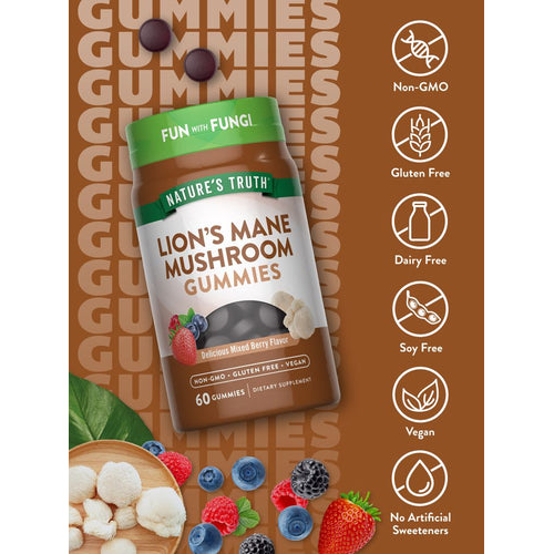 Jar of Lion's Mane Mushroom Gummies with loose dark gummies, fresh berries, and white Lion's Mane mushrooms showcased.
