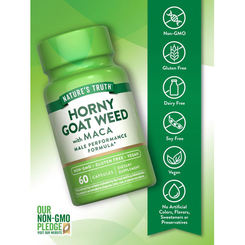 A hand holding a bottle of NT Horny Goat Weed with Maca, containing 60 vegetable capsules, highlighting the supplement's potency.