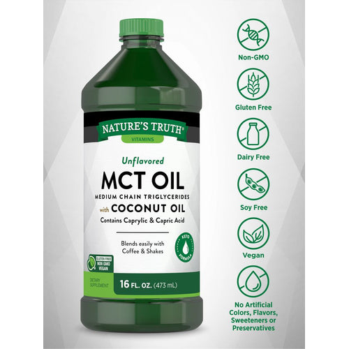 A hand holding a bottle of MCT Oil Liquid, 16 FL. OZ. (473 mL), on a scale highlighting its weight and capacity in a measurement context.