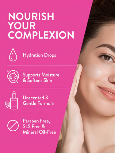 Product highlights graphic: Hydration Drops, Supports Moisture & Softens Skin, Unscented & Gentle Formula, Paraben Free, SLS Free & Mineral Oil-Free.