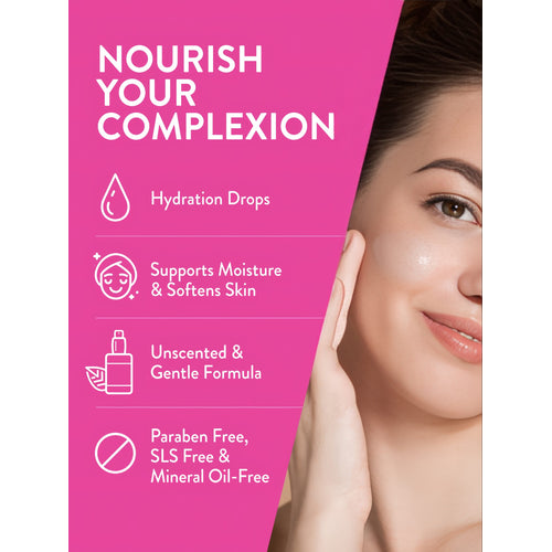 Product highlights graphic: Hydration Drops, Supports Moisture & Softens Skin, Unscented & Gentle Formula, Paraben Free, SLS Free & Mineral Oil-Free.
