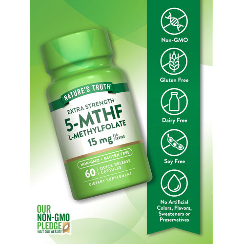 Bottle of 5-MTHF L-Methylfolate, 15 mg per serving, 60 quick release capsules, displayed on a scale.