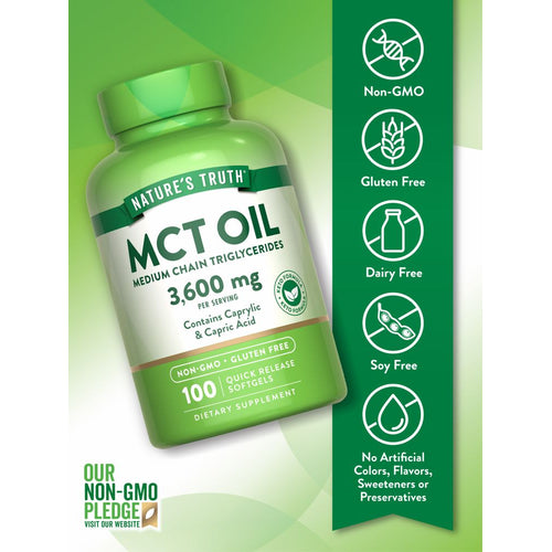 Hand holding bulk scale for NT MCT Oil, 3,600 mg per serving, in 100 quick release softgels.