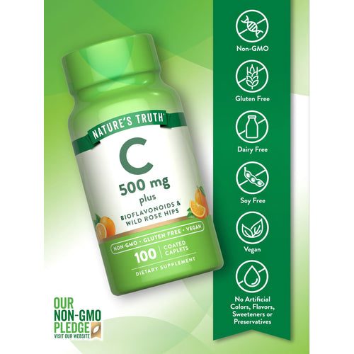 Nature's Truth Vitamin C 500 mg with Bioflavonoids and Wild Rose Hips, 100 coated caplets on a bulk scale.