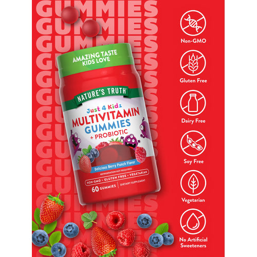 60 red Multivitamin Gummies and Probiotic with bottle, surrounded by fresh strawberries, blueberries, and raspberries.