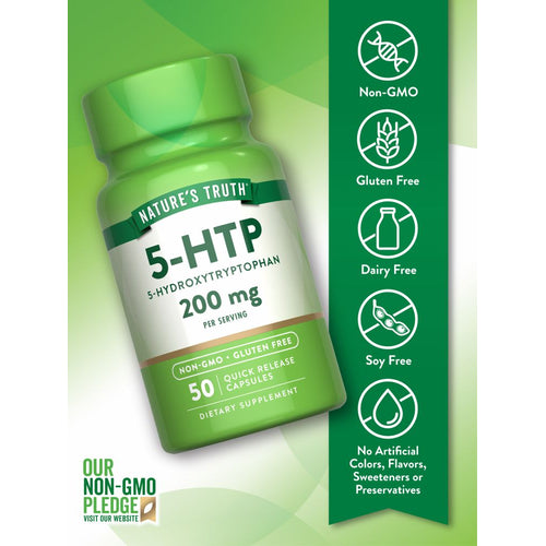 A hand holds a bottle of 5-HTP 200 mg Quick Release Capsules, containing 50 capsules for mood and sleep support.