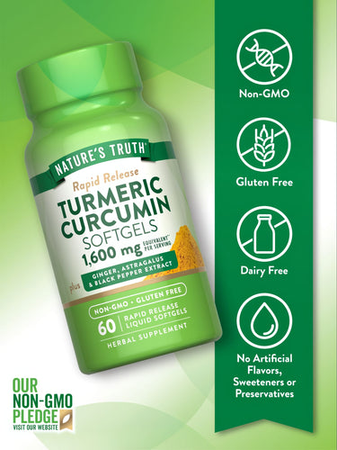 A hand holds Turmeric Curcumin softgels labeled as 1,600 mg equivalent per serving, emphasizing its potency and benefits.