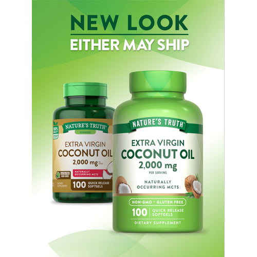 View 3 The image shows a bottle of Extra Virgin Coconut Oil with 2,000 mg per serving softgels, containing 100 capsules.