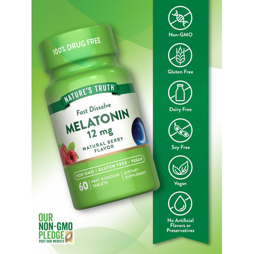 Bottle of melatonin showing non-GMO, gluten-free, vegan, dairy-free, soy-free, and no artificial flavors or preservatives.
