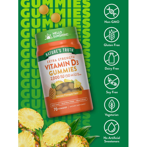 NT D3 2000 IU (50 mcg) 70 Gummies bottle with two loose round gummies and slices of pineapple.