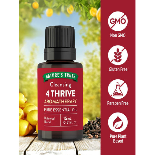 Nature's Truth Cleansing 4 Thrive Aromatherapy Pure Essential Oil bottle, 15mL (0.51 FL. OZ.), in hand.