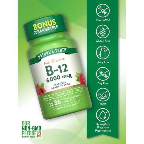 Nature's Truth Fast Dissolve B-12, 6,000 mcg, 36 Tablets, Natural Berry Flavor with 20% More Free tablets.