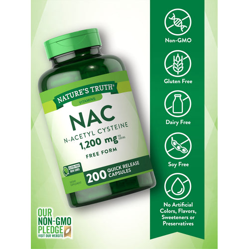 NAC bottle with icons indicating Non-GMO, Gluten Free, Dairy Free, Soy Free, and no artificial additives.
