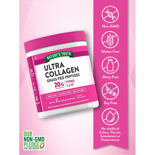 Jar of collagen powder showing labels: Non-GMO, Gluten Free, Dairy Free, Soy Free, No Artificial Colors, Flavors, or Preservatives.
