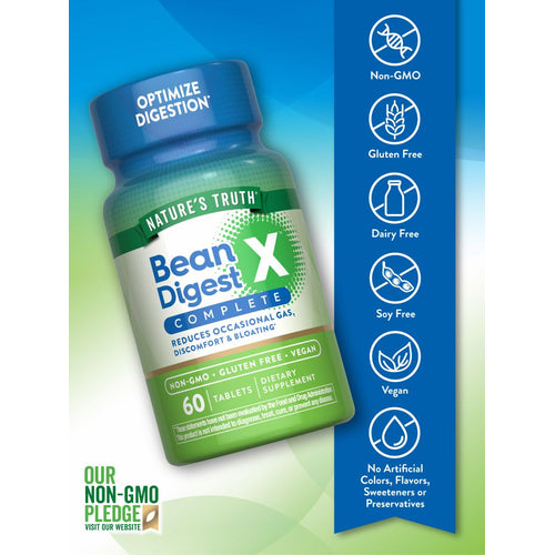 A hand holding Nature's Truth Bean Digest X Complete bottle with 60 tablets, emphasizing its comprehensive digestive support.