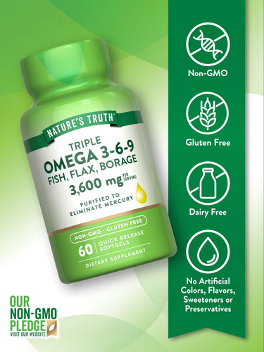 A bottle of Omega 3-6-9: Non-GMO, gluten-free, dairy-free, no artificial colors, flavors, sweeteners, or preservatives.