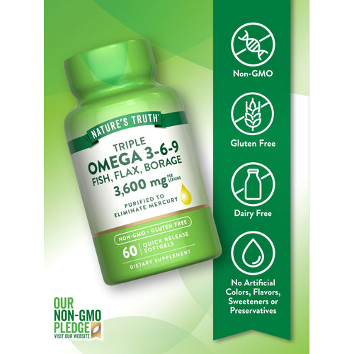A bottle of Omega 3-6-9: Non-GMO, gluten-free, dairy-free, no artificial colors, flavors, sweeteners, or preservatives.